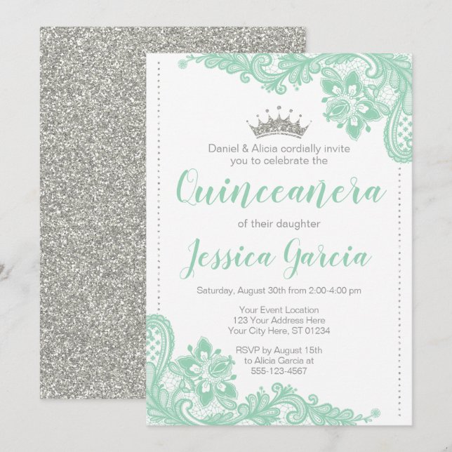 Grön snöre- & silverglitterPrincess Quinceañera Inbjudningar (Fram/baksida)