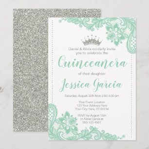 Grön snöre- & silverglitterPrincess Quinceañera Inbjudningar