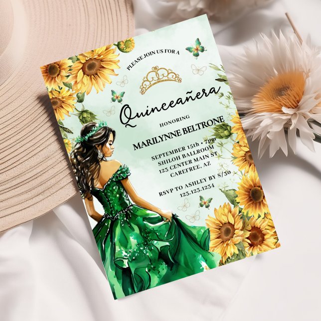 Grön Solros Fjäril Prinsessa Quinceañera Inbjudningar (Skapare uppladdad)