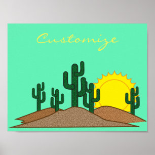 Grön soluppgång för Saguarokaktusöken Poster