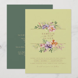 Grön sommarblommig bröllopsinbjudan QR-kod Inbjudningar