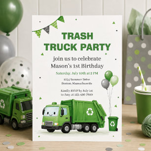 Grön sopbil 1-års födelsedagsfest inbjudan