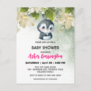 Grön söt pingvin blomma bebis shower barn vykort