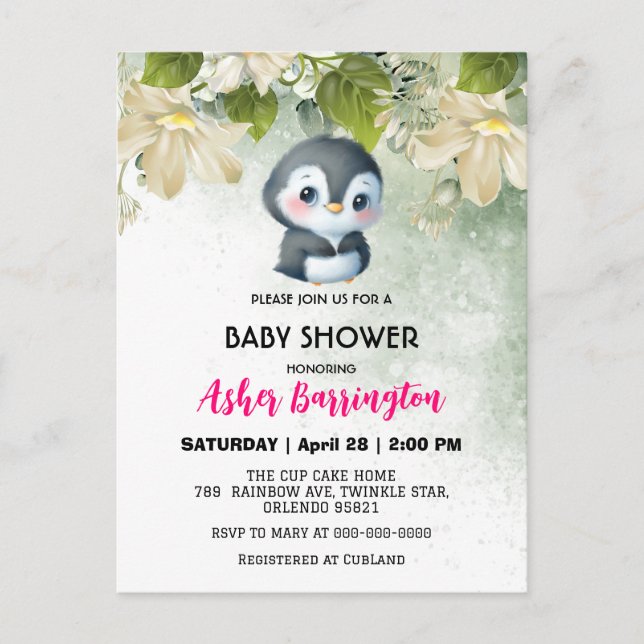 Grön söt pingvin blomma bebis shower barn vykort (Framsida)