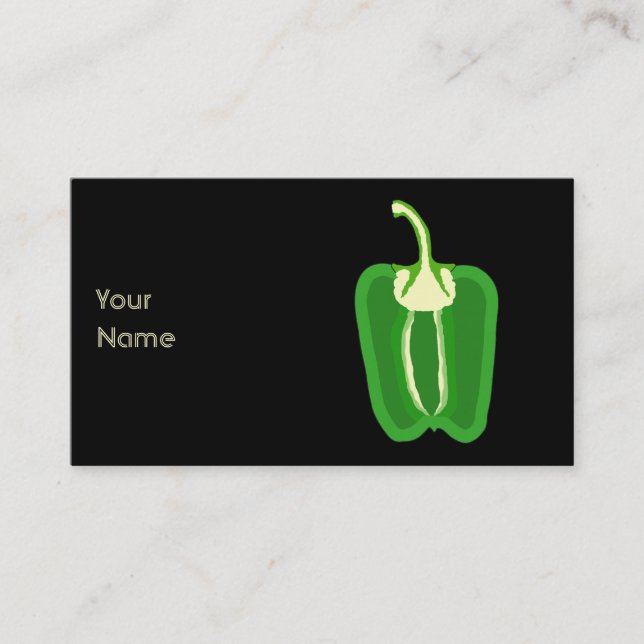 Grön spansk peppar. Halved. Visitkort (Framsida)