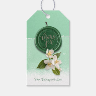Grön stämpel med vita blommor Tack Presentetikett