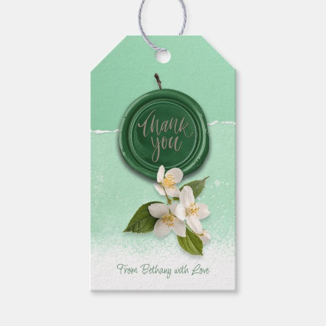 Grön stämpel med vita blommor Tack Presentetikett (Framsidan)