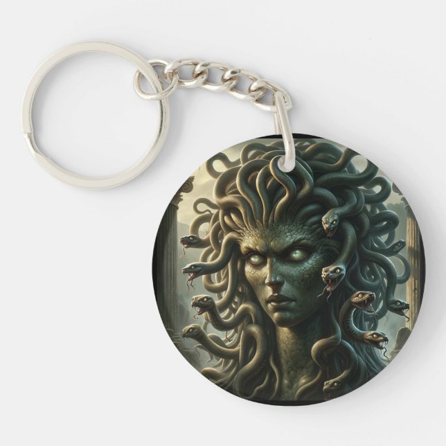Grön stirrande Medusa-huvud fullt av ormar (Framsidan)