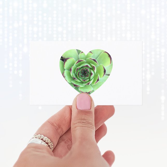Grön Sukkulent Hjärtformad Foto Visitkort (Create your own heart shape photo business cards.)