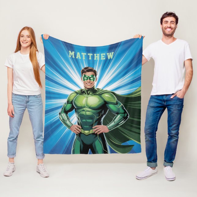 Grön superhjälte pojkar födelsedagsfest present fleecefilt (På plats)