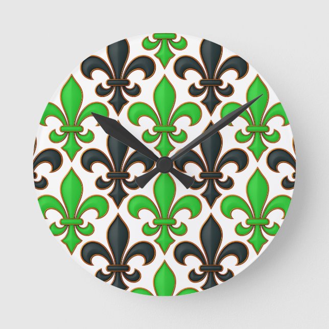 Grön Svart Barock Fleur-de-lis Mönsterdesign  Rund Klocka (Framsida)