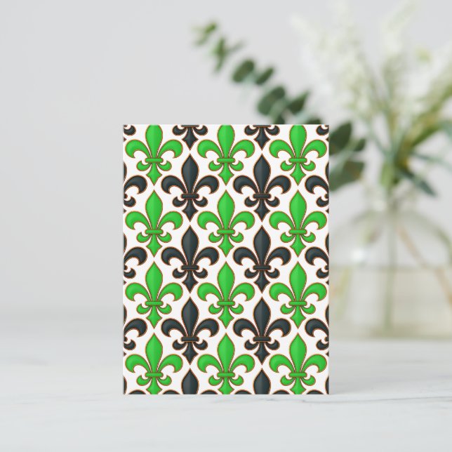 Grön Svart Barock Fleur-de-lis Mönsterdesign  Vykort (Stående Fram)