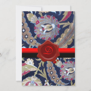 GRÖN & SVART BLÅ DAMASK, RÖD VAXSIGILL MONOGRAM INBJUDNINGAR