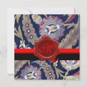 GRÖN & SVART BLÅ DAMAST, RÖD VAXSIGILL MONOGRAM INBJUDNINGAR