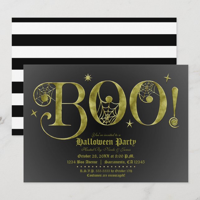 Grön Svart BOO Elegant Halloween Kostymfest  Inbjudningar (Fram/baksida)