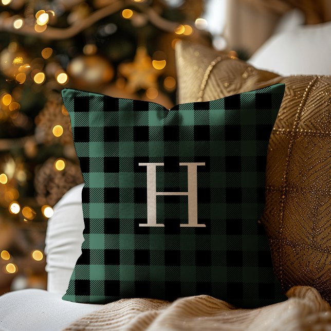 GRÖN Svart Buffel Plaid Monogramm Jul Kudde (Skapare uppladdad)