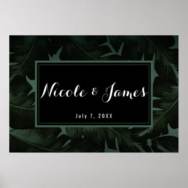 Grön & Svart Chic Tropiska Blad Bröllopsbanner Poster (Framsidan)