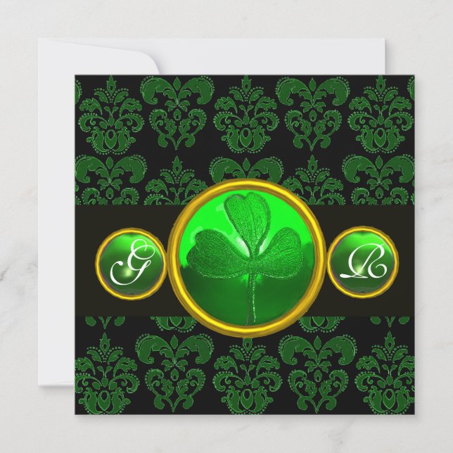 GRÖN SVART DAMASK MED SHAMROCK-SMERALD MONOGRAM INBJUDNINGAR (Framsida)