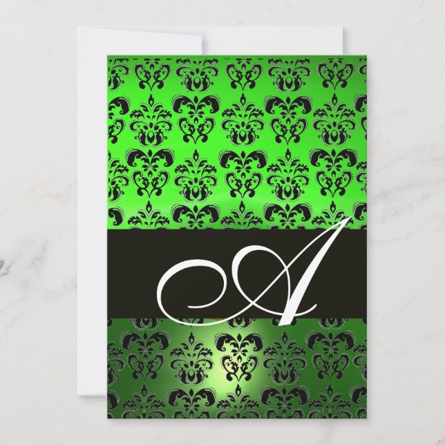 GRÖN SVART DAMASK MONOGRAM ,ljus vit Inbjudningar (Framsida)