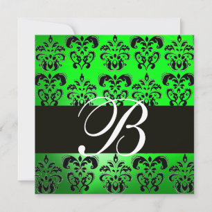 GRÖN SVART DAMASK MONOGRAM , vit Inbjudningar