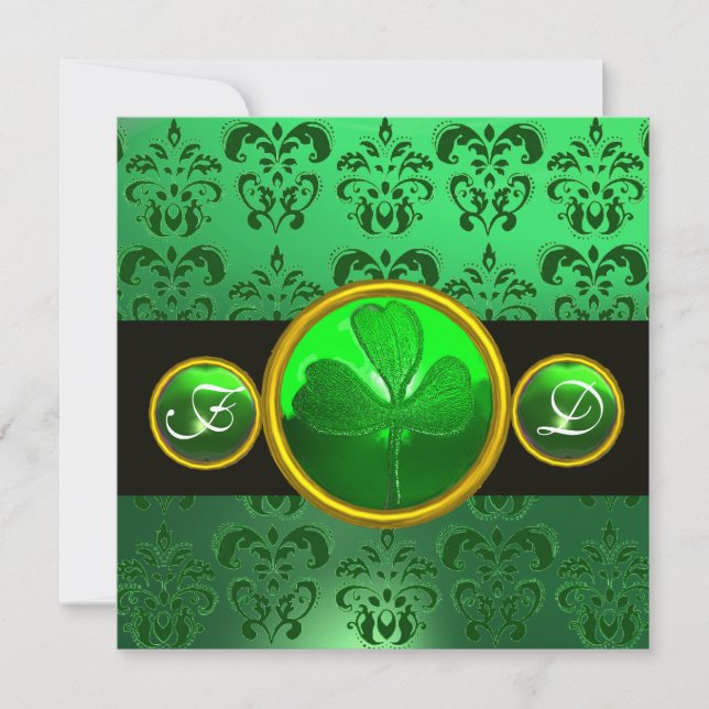 GRÖN SVART DAMASK ,SHAMROCK MONOGRAM INBJUDNINGAR (Framsida)
