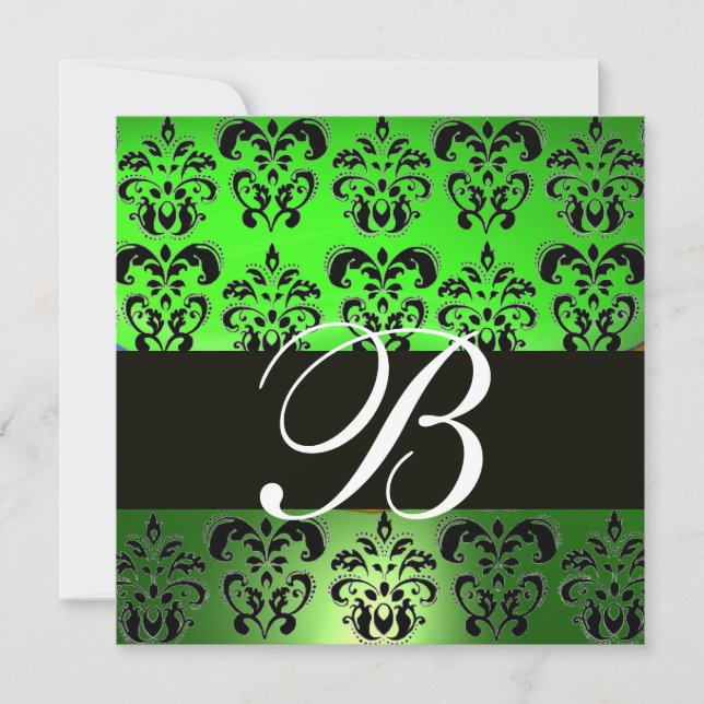 GRÖN SVART  DAMAST MONOGRAM , vit Inbjudningar (Framsida)