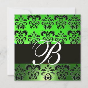 GRÖN SVART DAMAST MONOGRAM , vit Inbjudningar