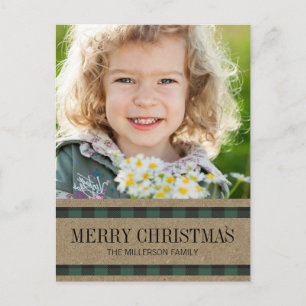 Grön Svart Gingham Kraft God Jul Foto Vykort