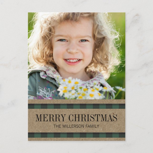 Grön Svart Gingham Kraft God Jul Foto Vykort (Framsida)