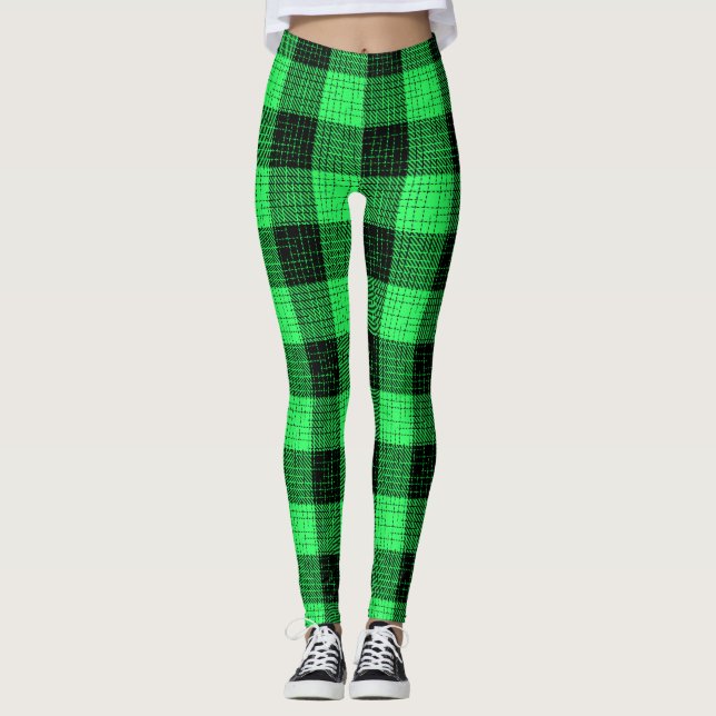 Grön svart korsstreckad Buffalo-ruta Leggings (Framsida)