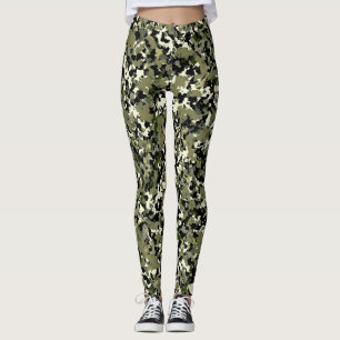 Grön Svart Kräm Kamouflage Mönstertryck Leggings