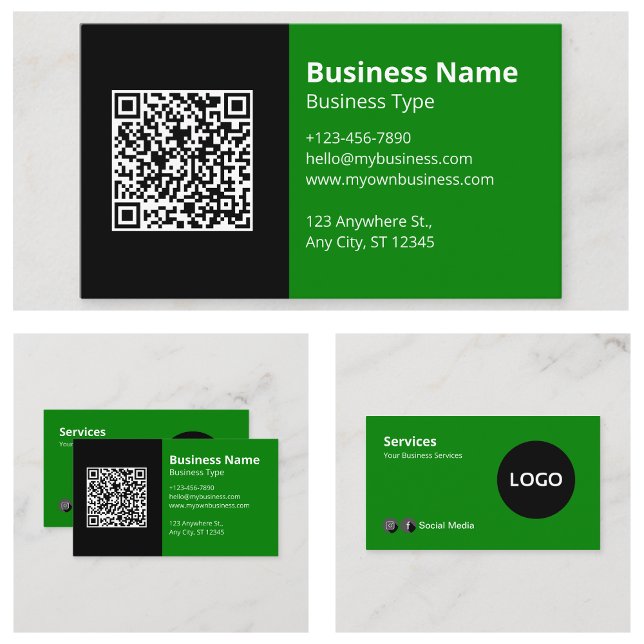 Grön Svart Logo QR-kod Visitkort (Green Black Logo QR Code Business Cards)