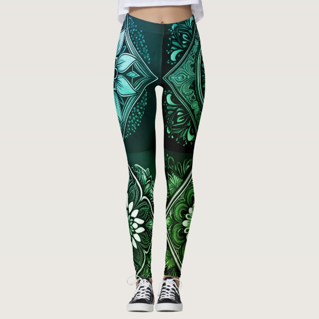 Grön, Svart, och Vit Mandala Mystik Leggings (Framsida)