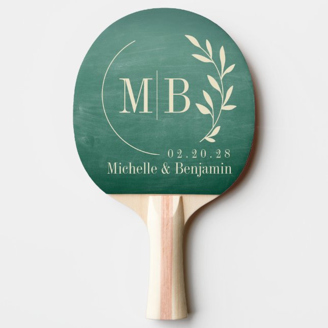 Grön svart tavla blad vigselmonogram pingisracket (Baksidan)