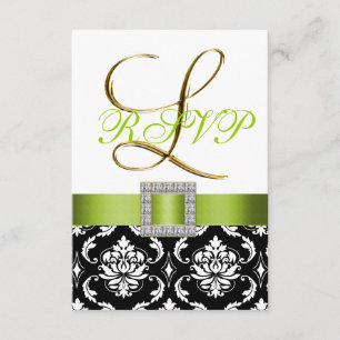Grön Svart Vit Damask Initial L Bröllop RSVP Inbjudningar