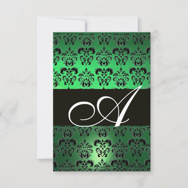 GRÖN SVART  VIT DAMASK MONOGRAM INBJUDNINGAR (Framsida)