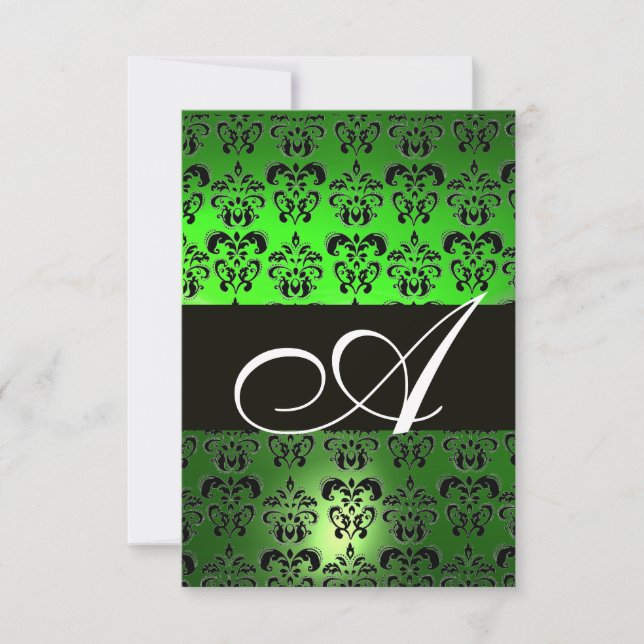 GRÖN SVART  VIT DAMASK MONOGRAM INBJUDNINGAR (Framsida)