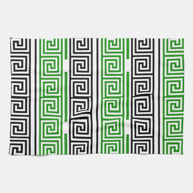 Grön Svart Vit Grekisk Nyckel Fret Mönster Design  Kökshandduk (Horisontell)