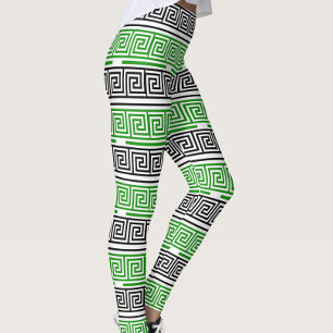 Grön Svart Vit Grekisk Nyckel Fret Mönster Design Leggings