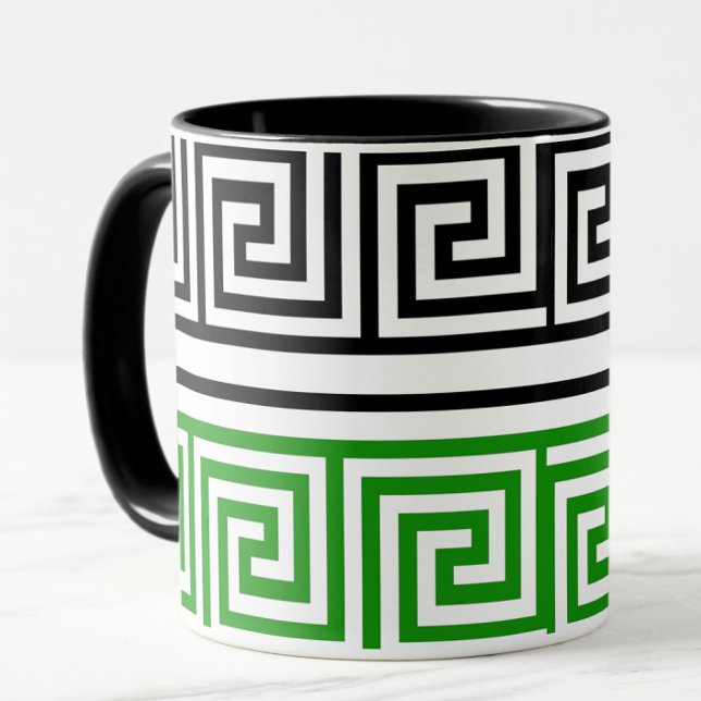 Grön Svart Vit Grekisk Nyckel Fret Mönster Design  Mugg (Skapare uppladdad)