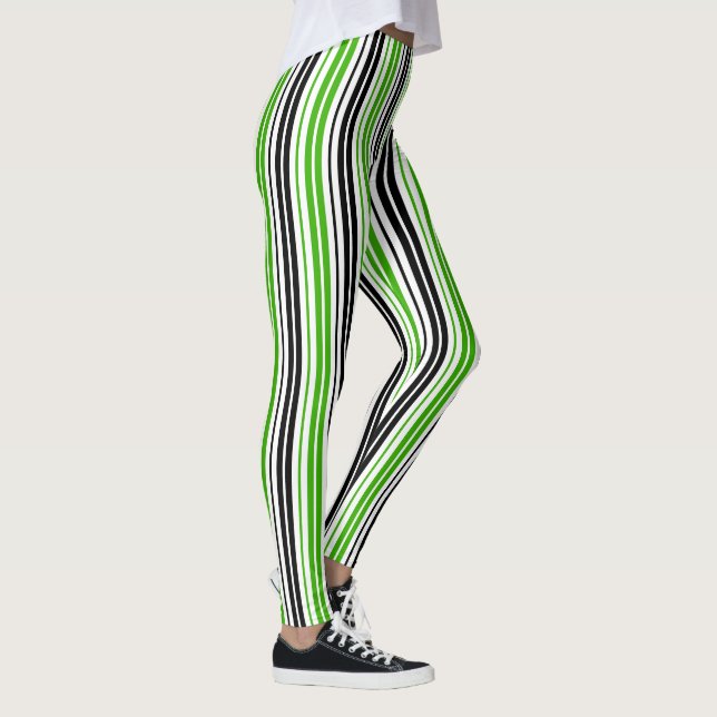 Grön Svart Vit Randig Mönsterdesign  Leggings (Höger)