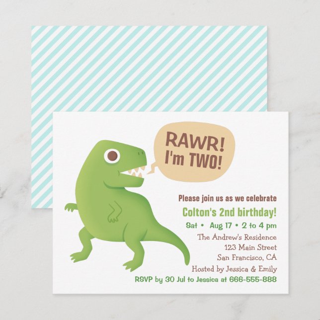 Grön T Rex Dinosaurie Barnkalas Inbjudningar (Fram/baksida)