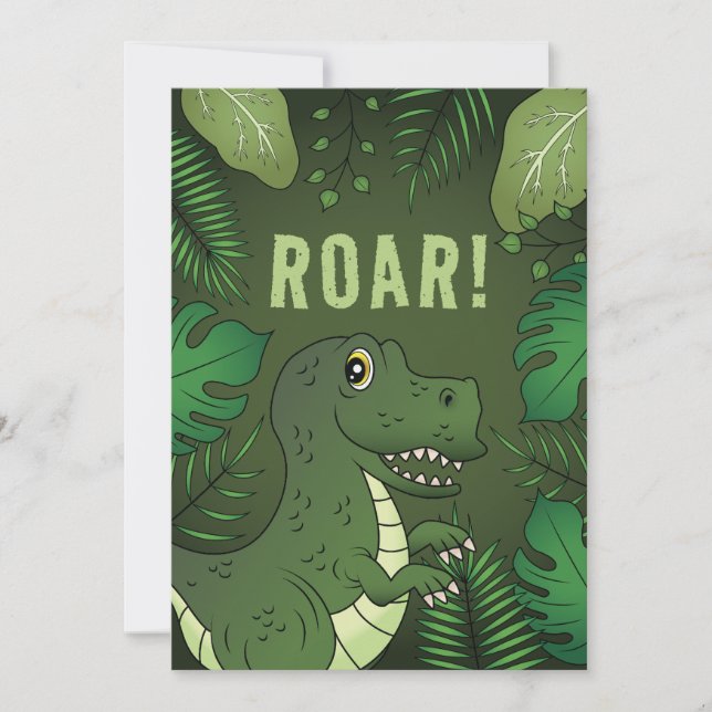 Grön T-rex Dinosaurie Med rytande Text Födelsedags Inbjudningar (Framsida)