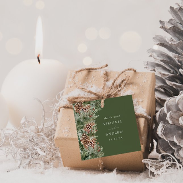 Grön Tall Bröllop Gåvor Etiketter (Green Evergreen Pine Wedding Favor Tags by Painted Paperie
)