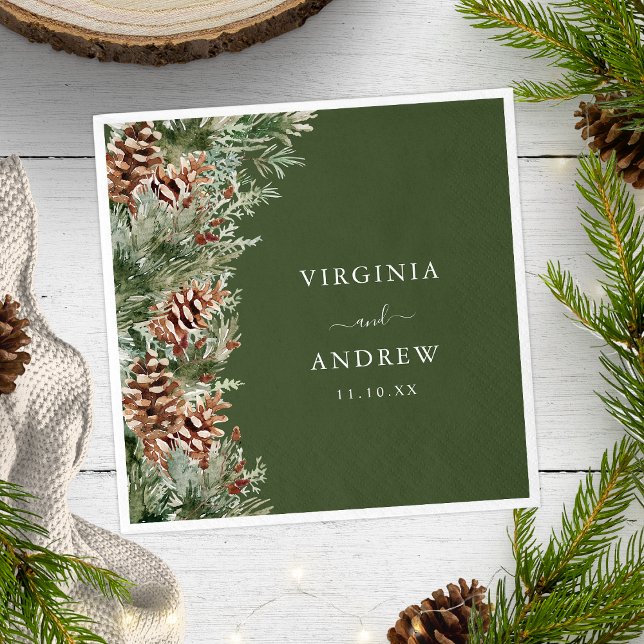 Grön Tall Bröllop Pappersservett (Green Pine Evergreen Wedding Napkins by Painted Paperie
)