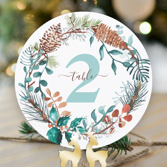 Grön tall Eukalyptus Tallkotte Krans Bord Nummer Inbjudningar (winter wedding rustic pine needles eucalyptus table numbers table top sign pinecones green brown)