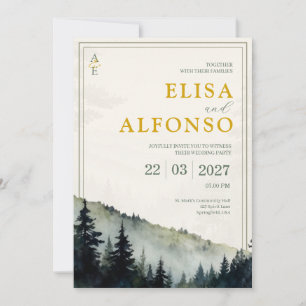 Grön Tall Klassisk Akvarell Monogram Bröllop Inbjudningar