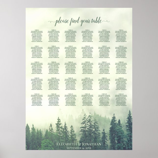 Grön tallskog 30 bord Bröllopsplatskarta Poster (Framsidan)