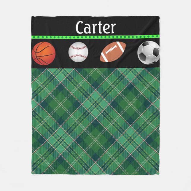 Grön Tartan Basketboll Baseboll Fotboll Fleecefilt (Framsidan)