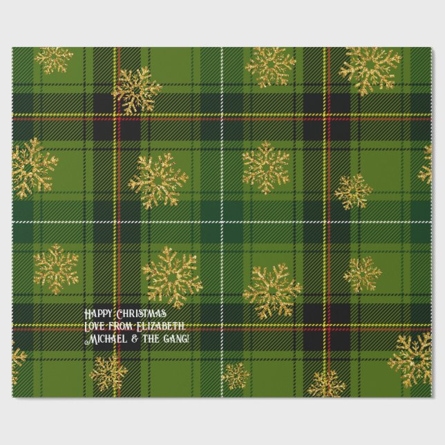 Grön Tartan Guld Snöflinga Personlig Jul Presentpapper (Platt)